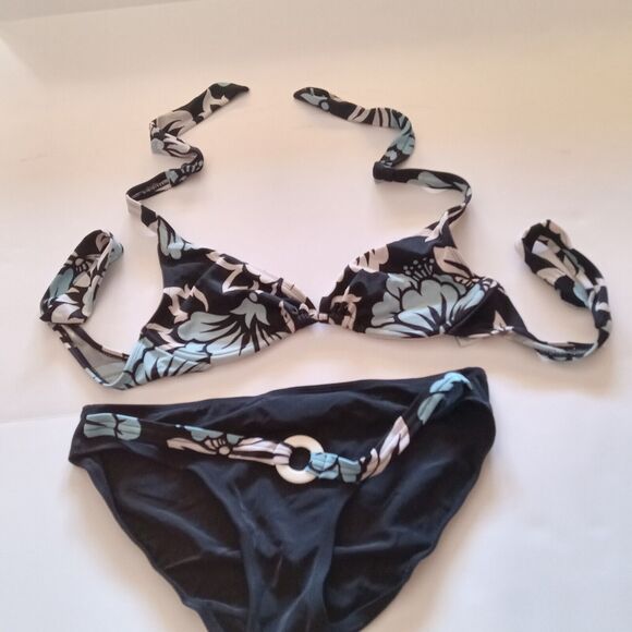 Kim Rogers Bikini Swim Suit Top Medium/ Bottom Large Black Blue Floral - Picture 1 of 6